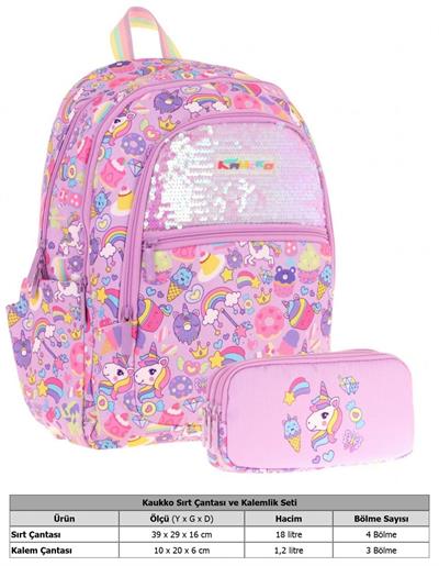 Kaukko Kids Kız Çocuk Okul Çantası ve Üç Bölmeli Kalemlik Seti (Lila - Pullu Sweet) - (L5215+L8215)