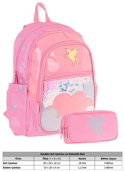 Kaukko Kids Kız Çocuk Okul Çantası ve Üç Bölmeli Kalemlik Seti (Pembe - Pullu Bulut ) - (L5218+L8218)