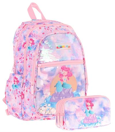 Kaukko Kids Kız Çocuk Okul Çantası ve Üç Bölmeli Kalemlik Seti (Pembe Mavi - Pullu Denizkızı) - (L5217+L8217)