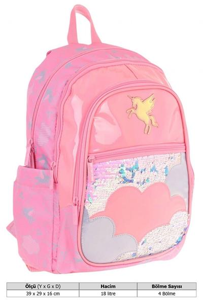 Kaukko Kids Kız Çocuk (Pembe - Pullu Bulut Desenli) Dört Gözlü Okul Sırt Çantası - L5218