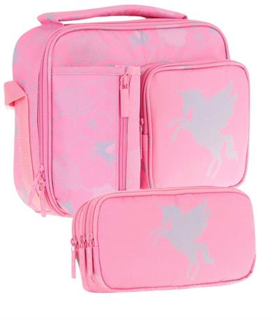 Kaukko Kids Kız Çocuk Pembe Bulut Desenli Üç Bölmeli Thermo Beslenme Çantası ve Kalemlik Seti (L7218+L8218)