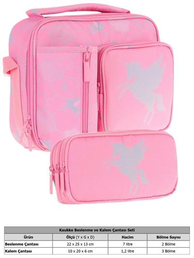Kaukko Kids Kız Çocuk Pembe Bulut Desenli Üç Bölmeli Thermo Beslenme Çantası ve Kalemlik Seti (L7218+L8218)