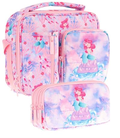 Kaukko Kids Kız Çocuk Pembe Mavi Denizkızı Desenli Üç Bölmeli Thermo Beslenme Çantası ve Kalemlik Seti (L7217+L8217)