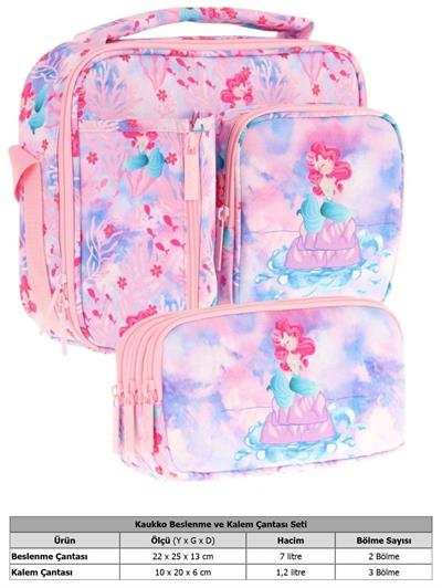 Kaukko Kids Kız Çocuk Pembe Mavi Denizkızı Desenli Üç Bölmeli Thermo Beslenme Çantası ve Kalemlik Seti (L7217+L8217)
