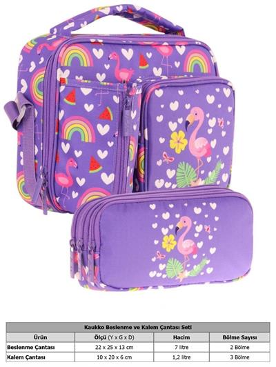 Kaukko Kids Kız Çocuk Pembe Mor Flamingo Üç Bölmeli Thermo Beslenme Çantası ve Kalemlik Seti (L7226+L8226)