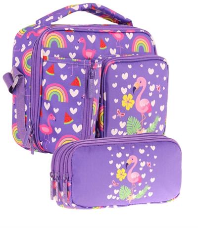 Kaukko Kids Kız Çocuk Pembe Mor Flamingo Üç Bölmeli Thermo Beslenme Çantası ve Kalemlik Seti (L7226+L8226)