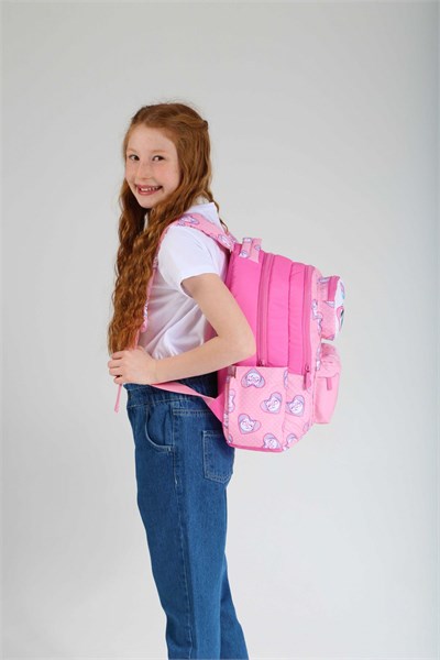 Kaukko Kids Kız Çocuk Pembe Sevimli Kedi Baskılı Dört Bölmeli İlkokul Sırt Çantası - KK-L5157