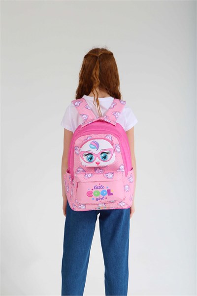 Kaukko Kids Kız Çocuk Pembe Sevimli Kedi Baskılı Dört Bölmeli İlkokul Sırt Çantası - KK-L5157