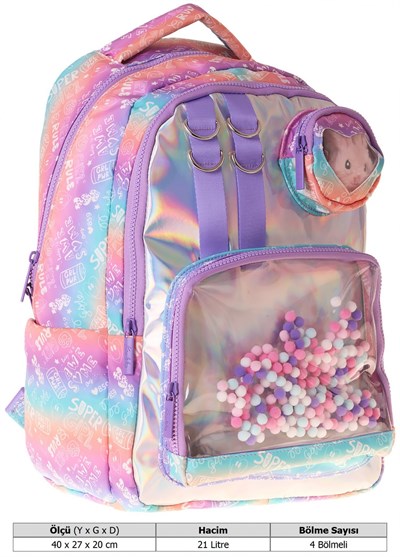 Kaukko Kids Kız Çocuk Renk Geçişli Lila Peluş Aksesuarlı İlkokul Okul Sırt Çantası - L5348