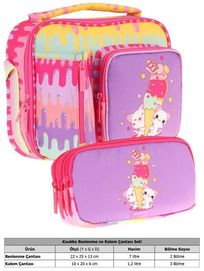 Kaukko Kids Kız Çocuk Sarı Mor Dondurma Baskılı Üç Bölmeli Thermo Beslenme Çantası ve Kalemlik Seti (L7247+L8247)