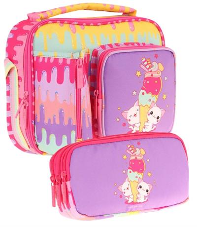 Kaukko Kids Kız Çocuk Sarı Mor Dondurma Baskılı Üç Bölmeli Thermo Beslenme Çantası ve Kalemlik Seti (L7247+L8247)