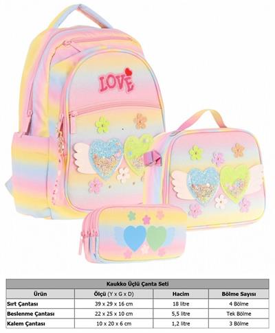 Kaukko Kids Kız Çocuk Simli Kalp ve Çiçek Detaylı İlkokul 1.2.3.4. Sınıf Üçlü Okul Çanta Seti