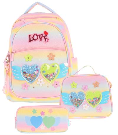 Kaukko Kids Kız Çocuk Simli Kalp ve Çiçek Detaylı İlkokul 1.2.3.4. Sınıf Üçlü Okul Çanta Seti