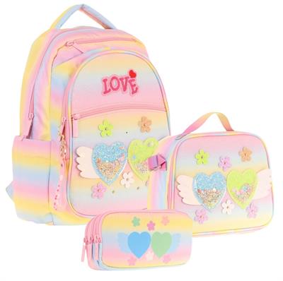 Kaukko Kids Kız Çocuk Simli Kalp ve Çiçek Detaylı İlkokul 1.2.3.4. Sınıf Üçlü Okul Çanta Seti