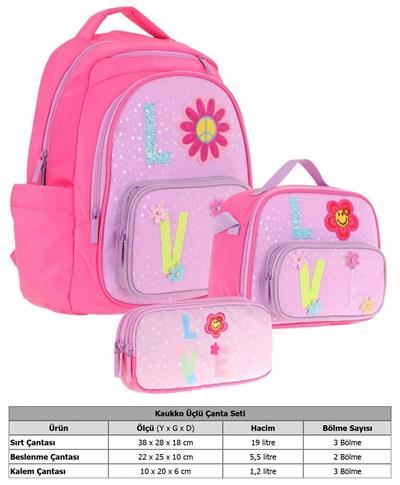 Kaukko Kids Kız Çocuk Simli Love Desenli İlkokul 1.2.3.4. Sınıf Üçlü Okul Çanta Seti