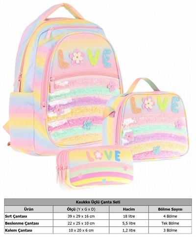 Kaukko Kids Kız Çocuk Simli Pullu Love Baskılı İlkokul 1.2.3.4. Sınıf Üçlü Okul Çanta Seti
