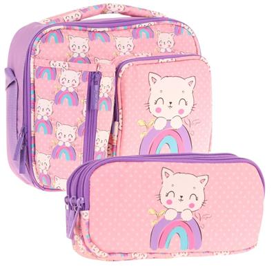 Kaukko Kids Kız Çocuk Somon Mor Kedi Desenli Üç Bölmeli Thermo Beslenme Çantası ve Kalemlik Seti (L7241+L8241)