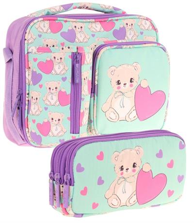 Kaukko Kids Kız Çocuk Turkuaz Mor Ayıcık Baskılı Üç Bölmeli Thermo Beslenme Çantası ve Kalemlik Seti (L7239+L8239)
