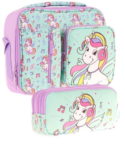 Kaukko Kids Kız Çocuk Turkuaz Unicorn Baskılı Üç Bölmeli Thermo Beslenme Çantası ve Kalemlik Seti (L7234+L8234)