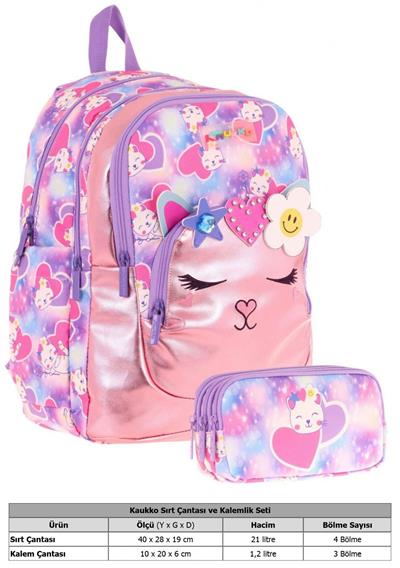 Kaukko Kids Kız Çocuklar İçin Sırt Çantası ve Kalemlik Seti - Kedi Şekilli - Pembe Mor - (L5219+L8219)