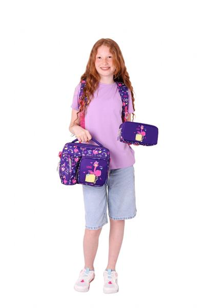 Kaukko Kids Kız Çocuklara Özel (Mor Pembe - Flamingo Detaylı) Üçlü Okul Çantası Seti