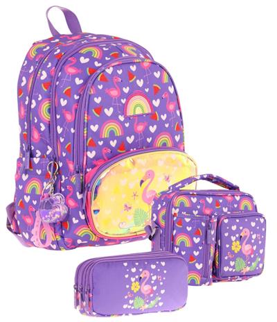 Kaukko Kids Kız Çocuklara Özel (Mor Pembe - Flamingo Nakışlı ve Baskılı) Üçlü Okul Çantası Seti