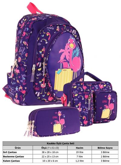 Kaukko Kids Kız Çocuklara Özel (Mor Pembe - Flamingo Detaylı) Üçlü Okul Çantası Seti