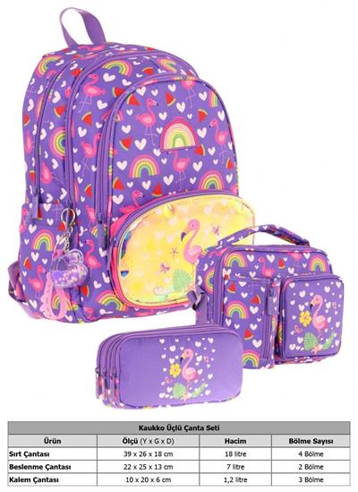 Kaukko Kids Kız Çocuklara Özel (Mor Pembe - Flamingo Nakışlı ve Baskılı) Üçlü Okul Çantası Seti