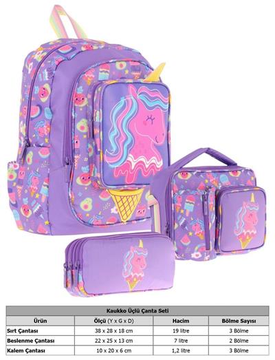 Kaukko Kids Kız Çocuklara Özel (Mor Sarı - Unicorn Detaylı) Üçlü Okul Çantası Seti