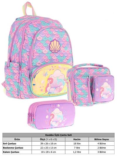 Kaukko Kids Kız Çocuklara Özel (Pembe Yeşil - Denizkızı Nakışlı ve Baskılı) Üçlü Okul Çantası Seti