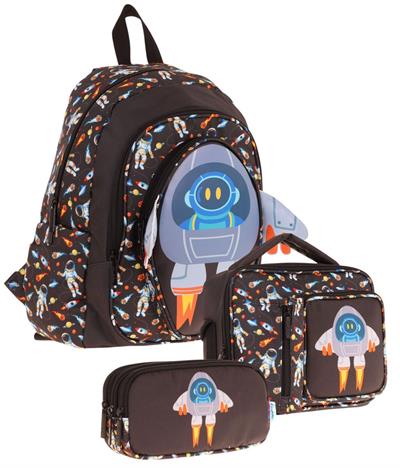 Kaukko Kids Kız Çocuklara Özel (Siyah - 3D Roket Detaylı) Üçlü Okul Çantası Seti