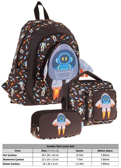 Kaukko Kids Kız Çocuklara Özel (Siyah - 3D Roket Detaylı) Üçlü Okul Çantası Seti