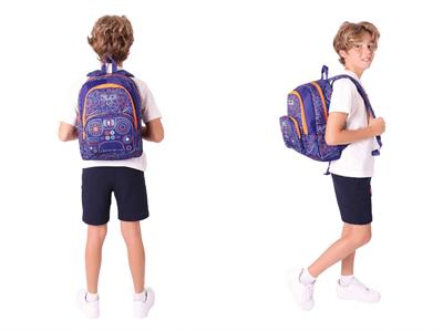 Kaukko Kids (L5281+L8281) Üç Gözlü Erkek Çocuk Okul Çantası ve Kalem Çantası Seti - Turuncu Lacivert - Oyun Baskılı