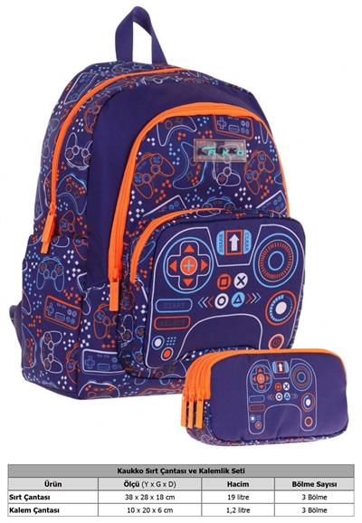 Kaukko Kids (L5281+L8281) Üç Gözlü Erkek Çocuk Okul Çantası ve Kalem Çantası Seti - Turuncu Lacivert - Oyun Baskılı