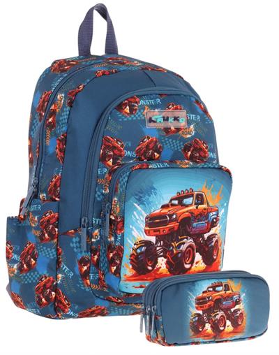 Kaukko Kids (L5282+L8282) Üç Gözlü Erkek Çocuk Okul Çantası ve Kalem Çantası Seti - Yeşil Kırmızı - Arazi Aracı Baskılı