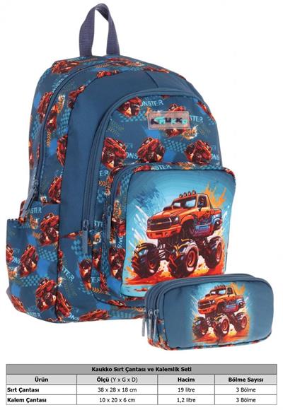 Kaukko Kids (L5282+L8282) Üç Gözlü Erkek Çocuk Okul Çantası ve Kalem Çantası Seti - Yeşil Kırmızı - Arazi Aracı Baskılı
