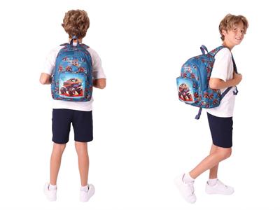 Kaukko Kids (L5282+L8282) Üç Gözlü Erkek Çocuk Okul Çantası ve Kalem Çantası Seti - Yeşil Kırmızı - Arazi Aracı Baskılı