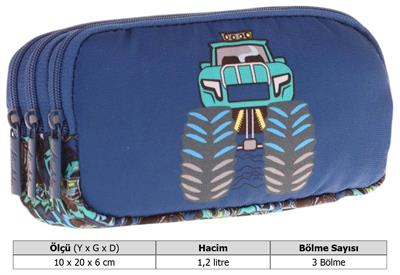 Kaukko Kids Lacivert Turkuaz, Kamyon, Erkek Çocuk Üç Bölmeli Okul Kalem Çantası - L8261