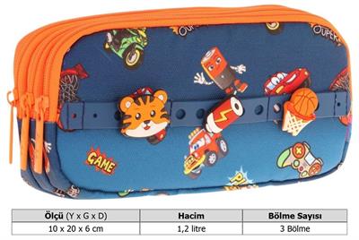 Kaukko Kids Lacivert Turuncu, Arabalar, Erkek Çocuk Üç Bölmeli Okul Kalem Çantası - L8259