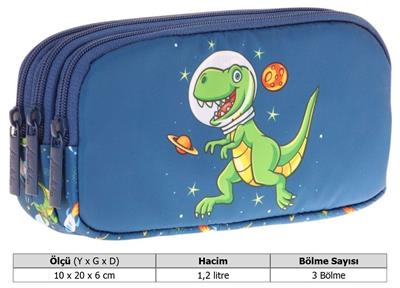Kaukko Kids Lacivert Yeşil, Sevimli Dinazor, Erkek Çocuk Üç Gözlü Okul Kalem Çantası - L8252