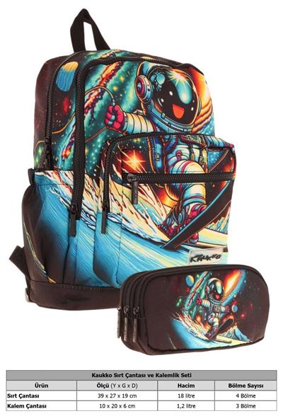 Kaukko Kids Layer Erkek Çocuk Okul Çantası + Kalem Çantası Seti (Siyah - Kayak Yapan Astonot)
