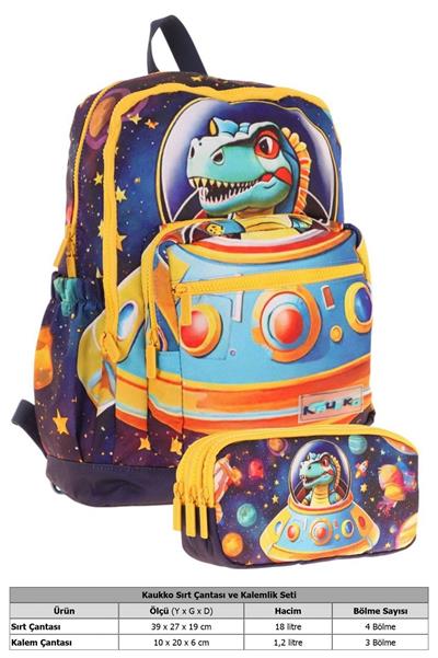Kaukko Kids Layer Erkek Çocuk Okul Çantası + Kalem Çantası Seti (Mavi Sarı - Astronot Dinazor)