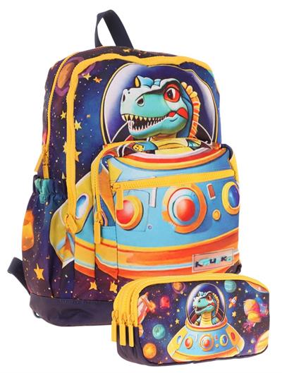 Kaukko Kids Layer Erkek Çocuk Okul Çantası + Kalem Çantası Seti (Mavi Sarı - Astronot Dinazor)