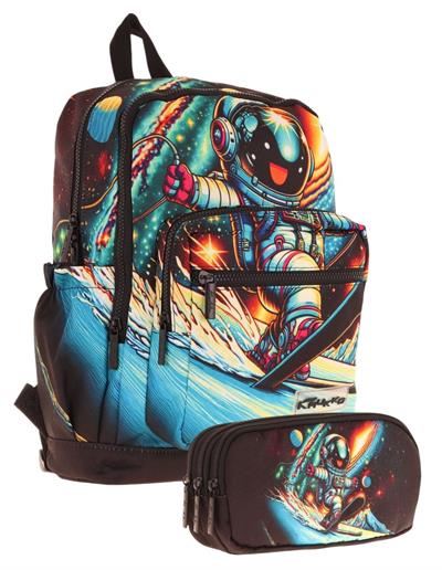 Kaukko Kids Layer Erkek Çocuk Okul Çantası + Kalem Çantası Seti (Siyah - Kayak Yapan Astonot)