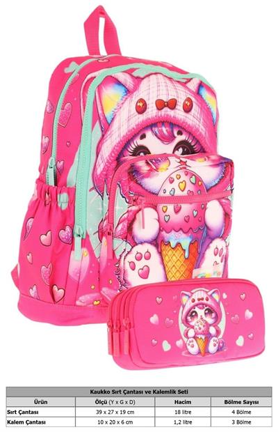 Kaukko Kids Layer Kız Çocuk Okul Çantası + Kalem Çantası Seti (Pembe - Dondurma Yiyen Kedi)