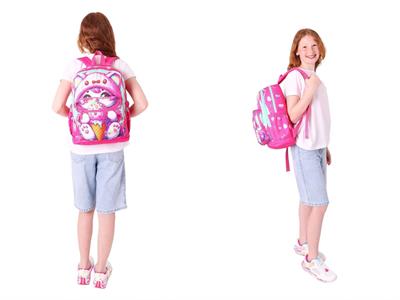 Kaukko Kids Layer Kız Çocuk Okul Çantası + Kalem Çantası Seti (Pembe - Dondurma Yiyen Kedi)