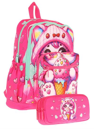 Kaukko Kids Layer Kız Çocuk Okul Çantası + Kalem Çantası Seti (Pembe - Dondurma Yiyen Kedi)