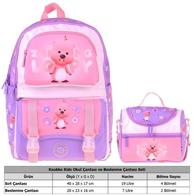 Kaukko Kids Loopy Kız Çocuk Lila - Pembe İlkokul Sırt Çantası ve Beslenme Çanta Seti - SETKK-L5303B