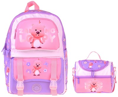 Kaukko Kids Loopy Kız Çocuk Lila - Pembe İlkokul Sırt Çantası ve Beslenme Çanta Seti - SETKK-L5303B