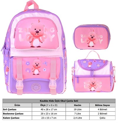 Kaukko Kids Loopy(Lila - Pembe Renk) Kız Çocuk Üçlü İlkokul Okul Çantası Seti/Takımı - SETKK-L5303D